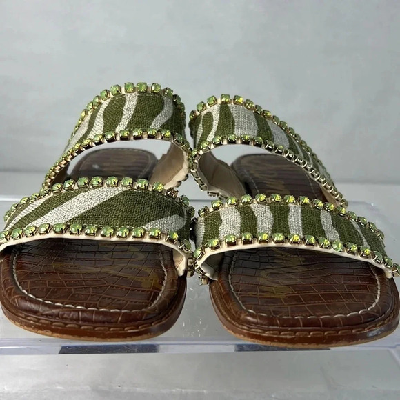 Sam Edelman HOPIE Zebra Green Linen Square Toe Slide Sandals Rhinestones Size 11 - Picture 9 of 16